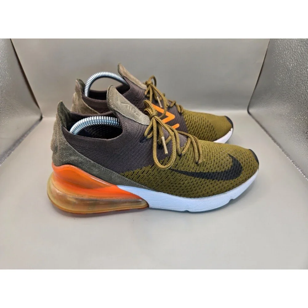 Nike Air Max 270 Flyknit Shoes Men's 8 Olive Orange Running Athletic Sneakers
